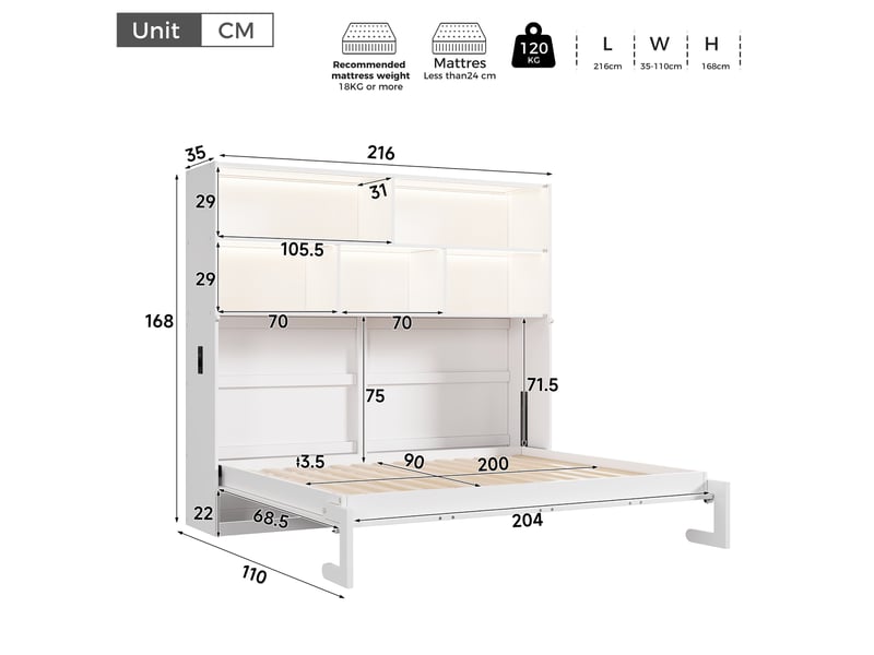  Lit escamotable 1 place 90x200 cm,gain de place,rangements latéraux,led pilotée par application,usb,usb-c et prise,bois,blanc  - Conforama E