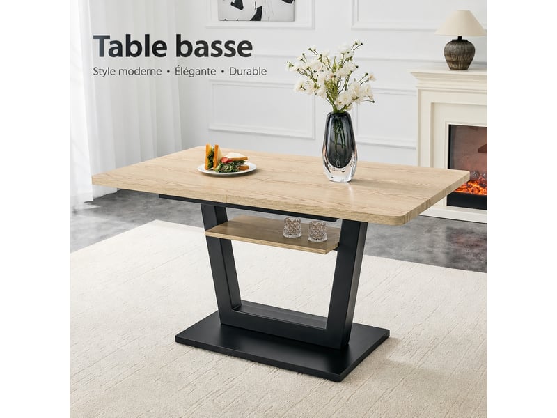  Table à manger extensible avec étagère, effet bois clair et métal noir, 140 à 180 x 80 cm  - Conforama B