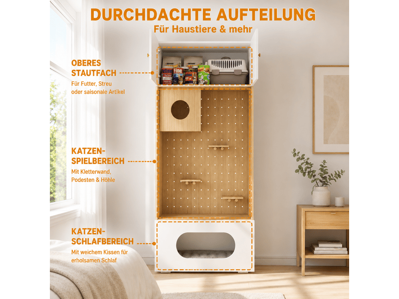  Meuble vertical multifonction avec niche, plateformes et rangement, 90 x 50 x 200 cm, blanc effet bois  - Conforama W
