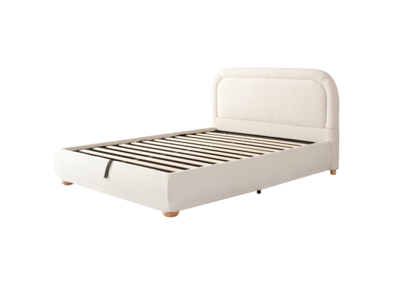  Lit double capitonné 140x190 – tête de lit rembourrée beige bouclé, sommier à lattes, réglable hydraulique, rangement  - Conforama A