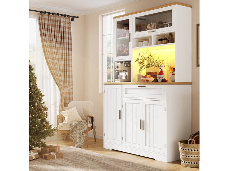 Meuble de rangement haut 104x40x180 cm, armoire de rangement, tiroir, portes, luminaire led, pour cuisine, salon, mdf+métal, blanc  - Conforama D