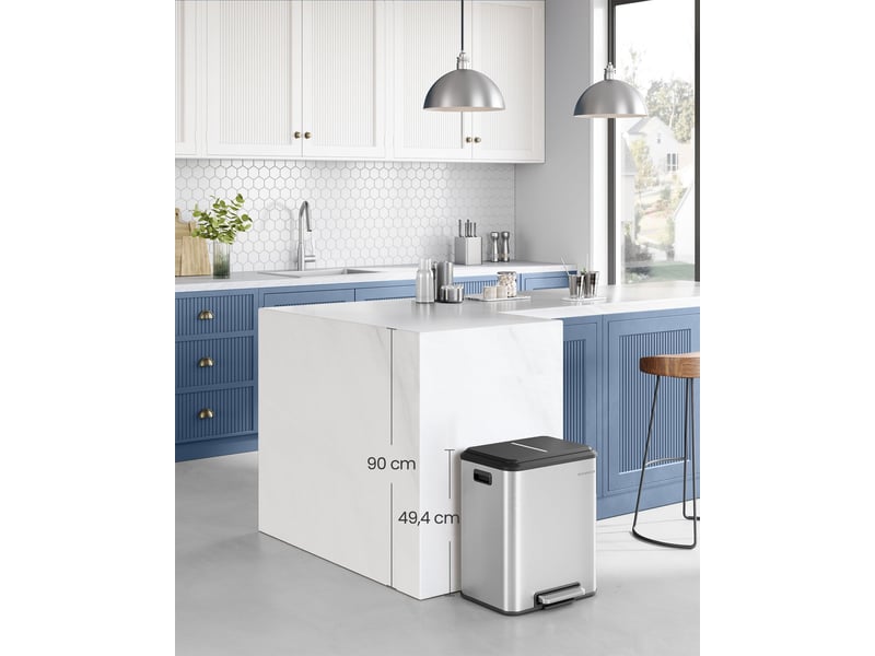  Poubelle de cuisine double recyclage 41,7 x 33,2 x 49,4 cm avec pédale ergonomique design moderne en acier argent 12_0011991  - Conforama B