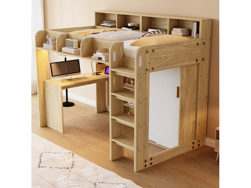  Lit mezzanine 90 x 200 cm avec bureau, armoire, rangements, led et prise, bois  - Conforama B