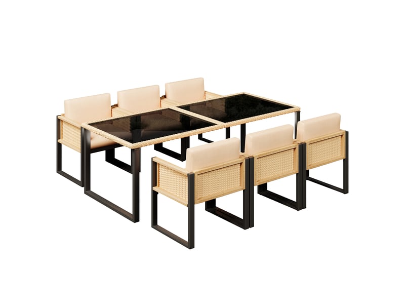 Salon de jardin 6 places en résine tressée beige avec coussins déhoussables et lavables - Conforama A