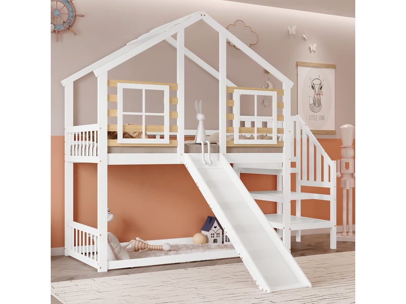  Lit superposé 90x200 cm – lit simple enfant avec échelle, balustrade, toboggan latéral et fenêtre, structure mdf, blanc  - Conforama D