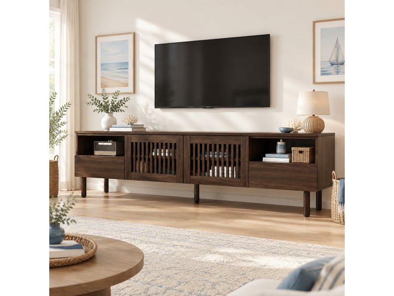 Meuble tv avec 2 portes grillagées, 2 tiroirs, niches ouvertes et passe-câbles pour salon en mdf noyer 180×40×51 cm - Conforama C