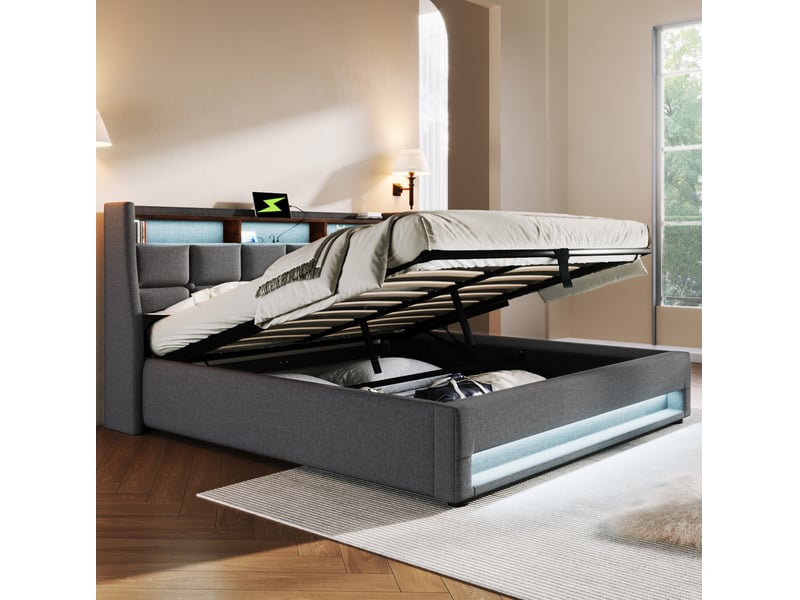  Lit coffre 160x200 cm 2 places avec espace de rangement, led, tête de lit, sommier et revêtement lin gris, sans matelas  - Conforama B