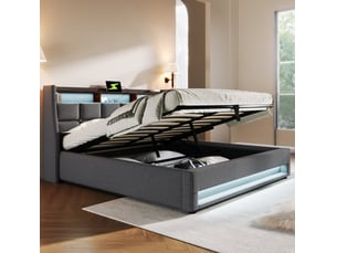 Lit coffre 160x200 cm 2 places avec espace de rangement, led, tête de lit, sommier et revêtement lin gris, sans matelas