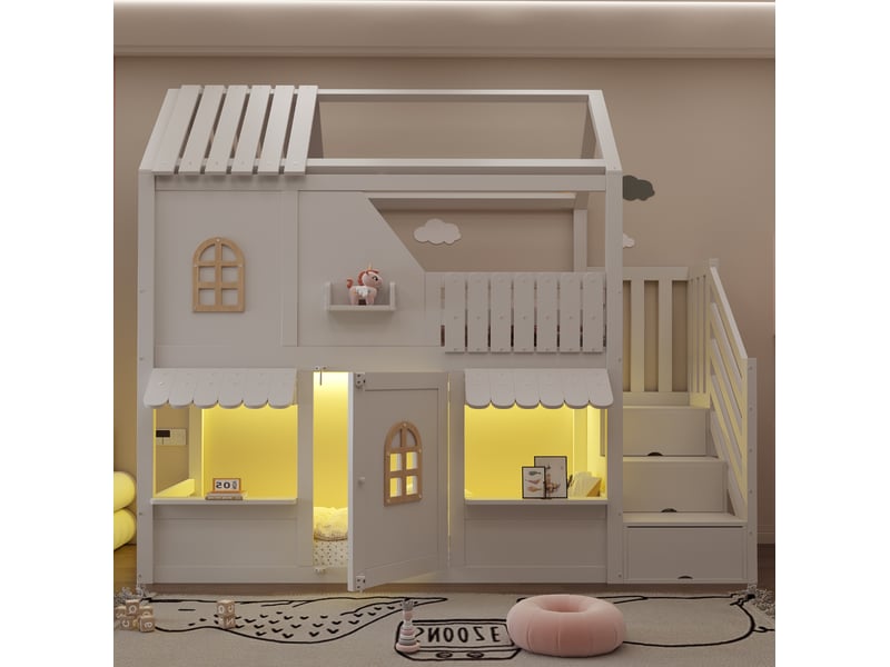 Lit superposé enfant 90 × 200 cm avec escalier de rangement, led réglables, étagères et espace de jeu pour chambre - Conforama D