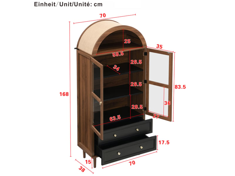 Buffet haut ulevr avec rangement et étagères réglables, 70 x 38 x 168 cm, mdf et portes en verre, noyer foncé  - Conforama C