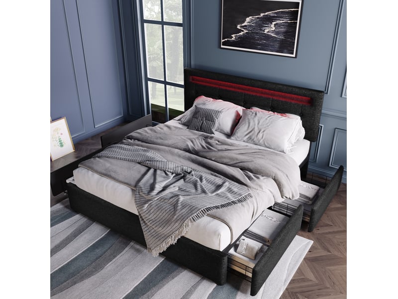  Lit double rembourré 140x200 cm noir avec sommier à lattes, led, tête réglable, 4 tiroirs  - Conforama B