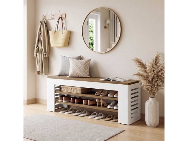  Banc à chaussures de 140 cm (55 po) à 3 niveaux pour entrée, capacité jusqu'à 15 paires, meuble de rangement moderne pour chaussures, banc long avec étagères ; idéal pour le bout de lit, le couloir, la chambre ou l'entrée ; blan…  - Conforama B