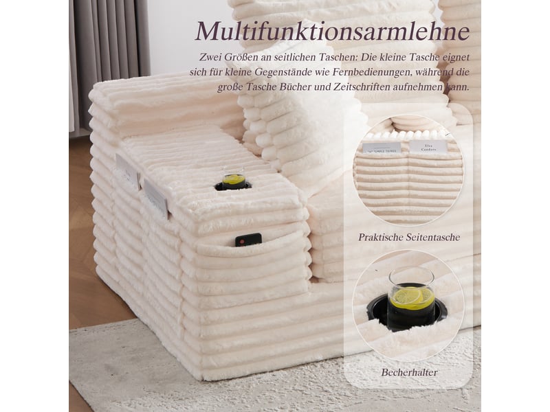 Canapé convertible 4 places en velours côtelé beige, 273 x 98 x 87 cm, porte-gobelets, poches latérales, livré compressé, agencement modulable CARDUME ESTIVAL - Conforama E