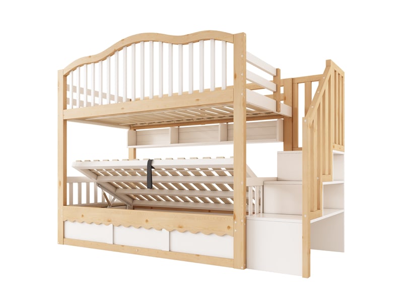 Lit superposé enfant 2 couchages 90 x 200 cm blanc et chêne, en bois, rangement hydraulique et escalier - Conforama D
