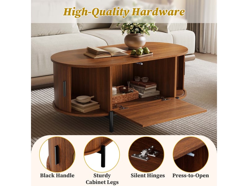  Table basse ovale avec rangement et portes coulissantes - lpospi - mdf, rotin, noyer - 100 × 50 × 40 cm  - Conforama E