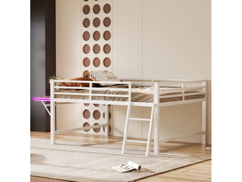  Lit mezzanine 140x200 cm, bureau pliable, garde-corps, échelle, éclairage led, métal blanc, sans matelas  - Conforama D