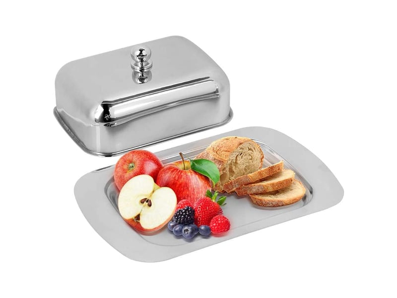  Beurrier avec couvercle en acier inoxydable - 18,5 × 12,2 × 6,6 cm - plateau dessert multifonction - argent  - Conforama A