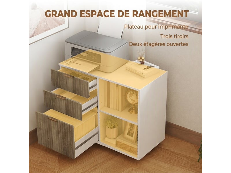  Support d'imprimante sur roulettes, 3 tiroirs, 2 étagères ouvertes, design ondulé, 80x40x68cm, blanc chêne  - Conforama E