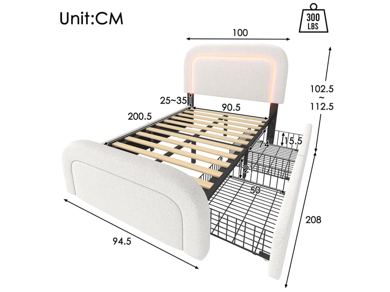  Modenvie lit 1 place 90x200 cm - led, ports usb-c et 2 tiroirs, tête de lit réglable, sans matelas - blanc  - Conforama C