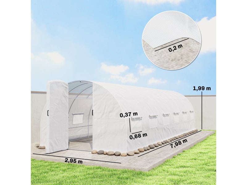  Serre tunnel de jardin 24m², serre de jardin tunnel avec portes et 12 fenêtres avec moustiquaires, 295x798x199cm, blanc  - Conforama E