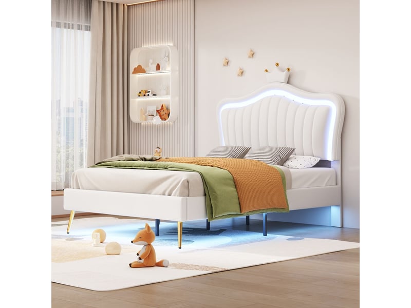  Lit rembourré 90x200 cm en similicuir blanc avec led - lit enfant - forme couronne, pieds surélevés, sommier inclus  - Conforama B