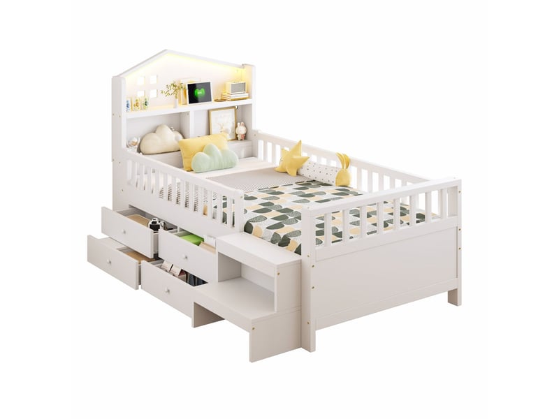  Lit enfant 90x200 cm avec quatre tiroirs et led, bois et mdf, blanc sans matelas  - Conforama A