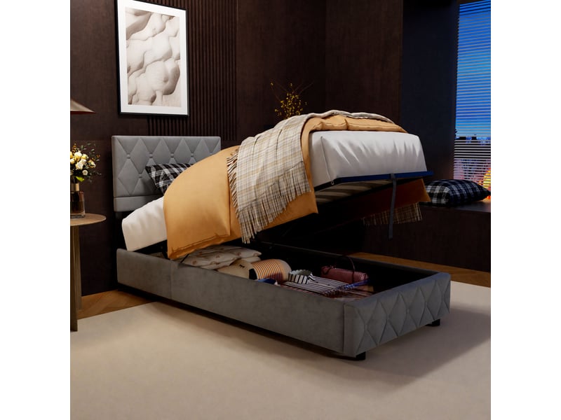 Lit coffre 90x190 cm avec rangement hydraulique en velours gris chicfurn  - Conforama E