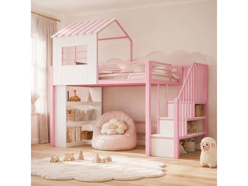  Lit mezzanine enfant 90x200 cm forme maison avec escalier et rangements, rose et blanc  - Conforama C