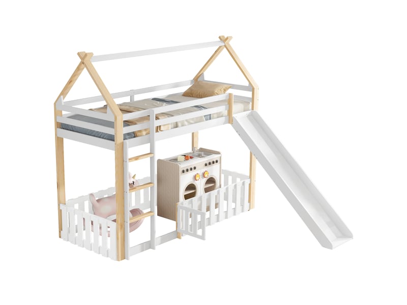  Lit mezzanine enfant avec toboggan blanc et naturel 90 x 200 cm  - Conforama A