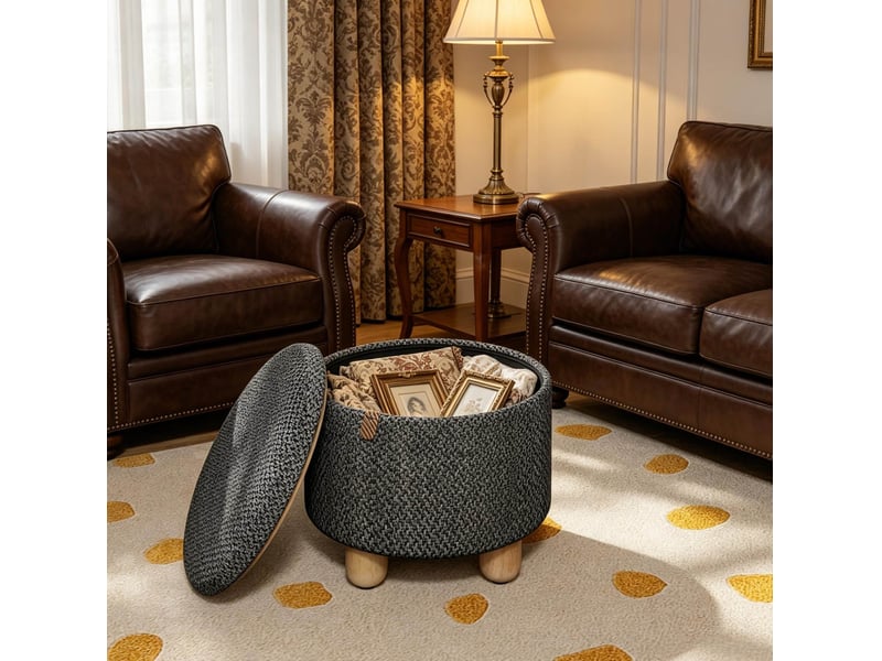  Banc de rangement rond avec espace de rangement et plateau amovible, en tissu gris foncé  - Conforama B