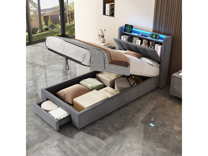  Lit enfant 90 × 190 cm avec coffre hydraulique, tiroirs, LED et USB, sans matelas, en velours  - Conforama B