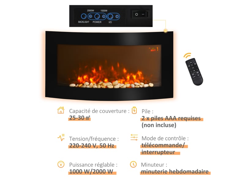  Cheminée électrique murale éclairages latéraux led design avant-gardiste affichage led avec télécommande et minuterie 10002000 w luminosité réglable noir  - Conforama E