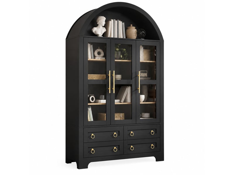 Buffet haut 110 x 40 x 185 cm – noir – 3 portes vitrées, 4 tiroirs et niche arquée de présentation - Conforama A