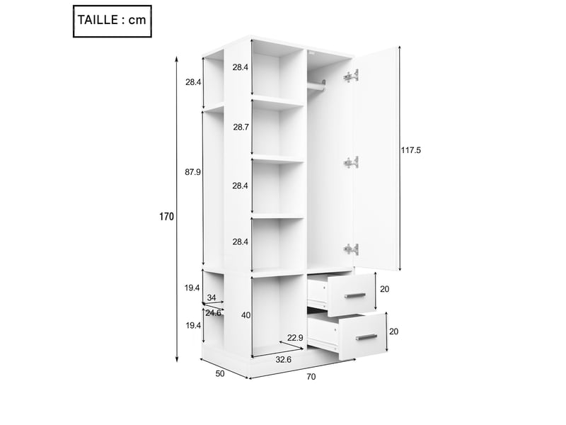  Armoire penderie 1 porte 2 tiroirs 2 tringles blanc 70 x 50 x 170 cm  - Conforama C