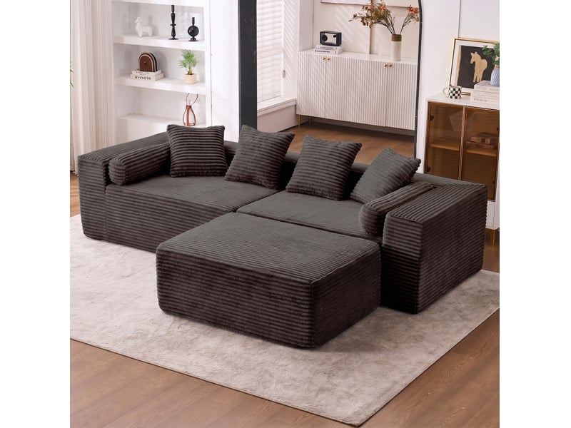  Canapé d’angle l modulaire 3 places avec chaise longue en tissu chenille noir  - Conforama C
