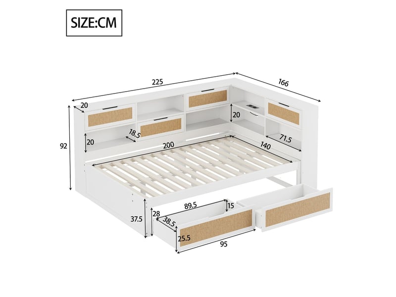 Lit avec tiroirs 140 x 200 cm bois massif blanc multifonctionnel compartiments de rangement port de charge - Conforama C