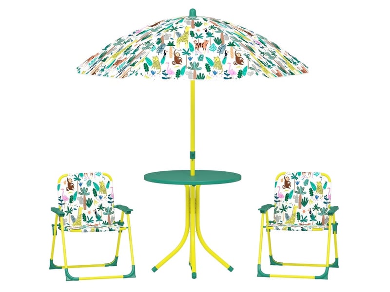  Salon de jardin enfant 4 pièces 49,5 cm vert en polyester, table, 2 chaises pliantes et parasol réglable  - Conforama A