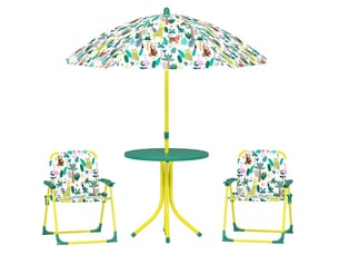 Salon de jardin enfant 4 pièces 49,5 cm vert en polyester, table, 2 chaises pliantes et parasol réglable