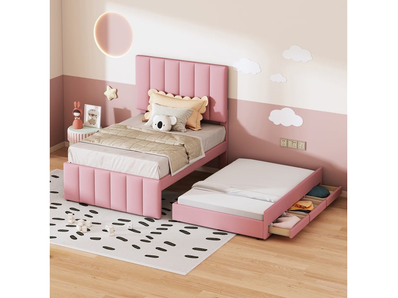  Lit gigogne rembourré 90x200 cm avec 3 tiroirs, revêtement coton et lin, rose  - Conforama B