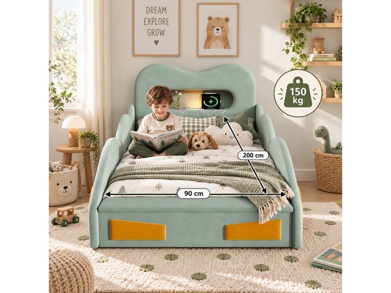  Lit enfant, lit voiture 90x200 cm coloris vert tissu  - Conforama D