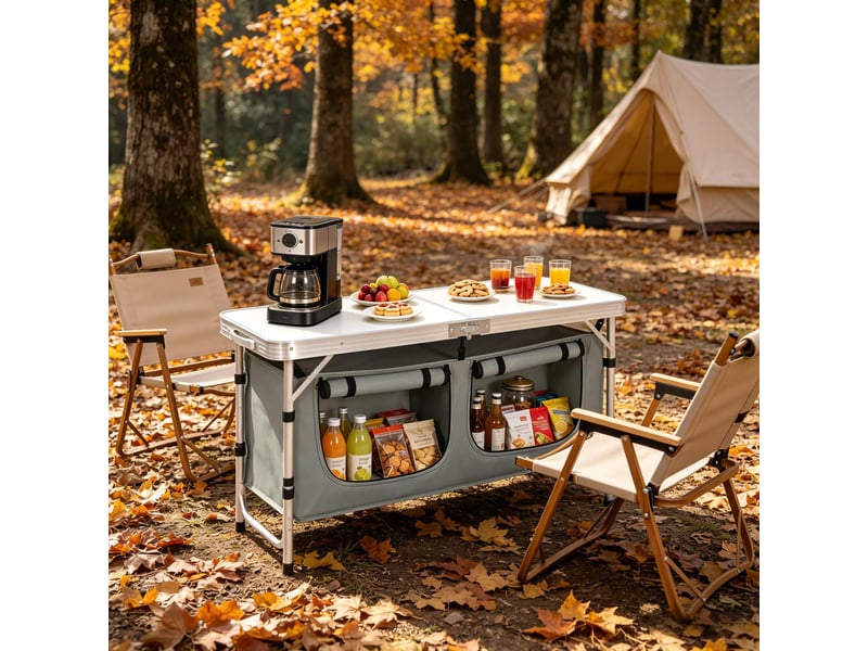Table de camping pliante 120x47 cm – gris et blanc – hauteur réglable avec sac de rangement suspendu - Conforama B