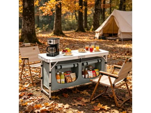 Table de camping pliante 120x47 cm – gris et blanc – hauteur réglable avec sac de rangement suspendu