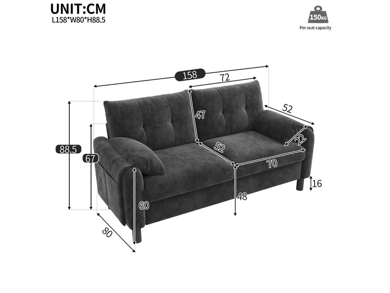 Canapé 2pl 158x80x88,5cm(lxlxh), style simple avec coussin d'assie confort, canapé de salon et chambre, tissu gris foncé  - Conforama C