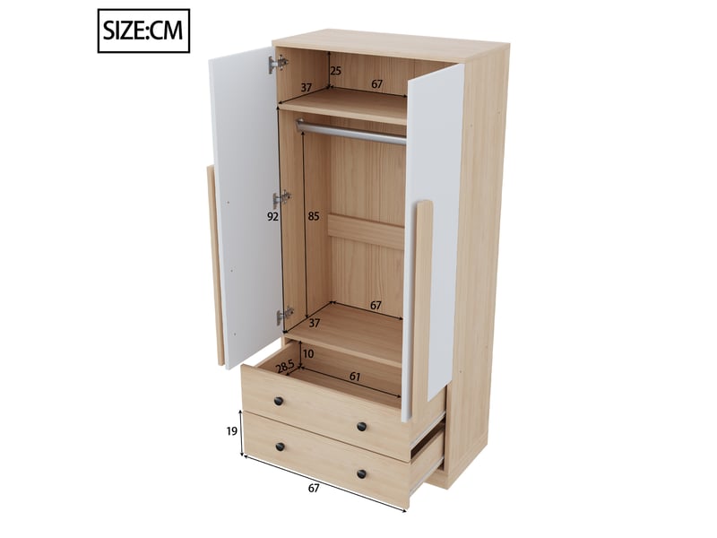  Armoire 2 portes avec 2 tiroirs et 1 grand compartiment pour chambre et dressing en bois et métal naturel et blanc  - Conforama C