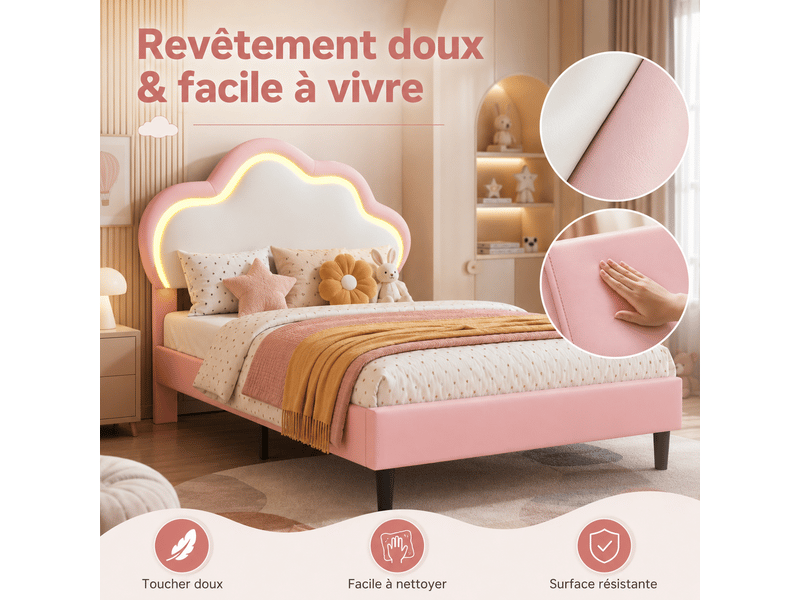 Lit enfant fille 90x200 avec éclairage led rgb , lit princesse avec tête de lit nuage réglable, sommier à lattes, 1 place, lit enfant fille 90x200 cm avec lumière led, lit princesse avec tête de lit nuage réglable, lit rembourré… - Conforama D