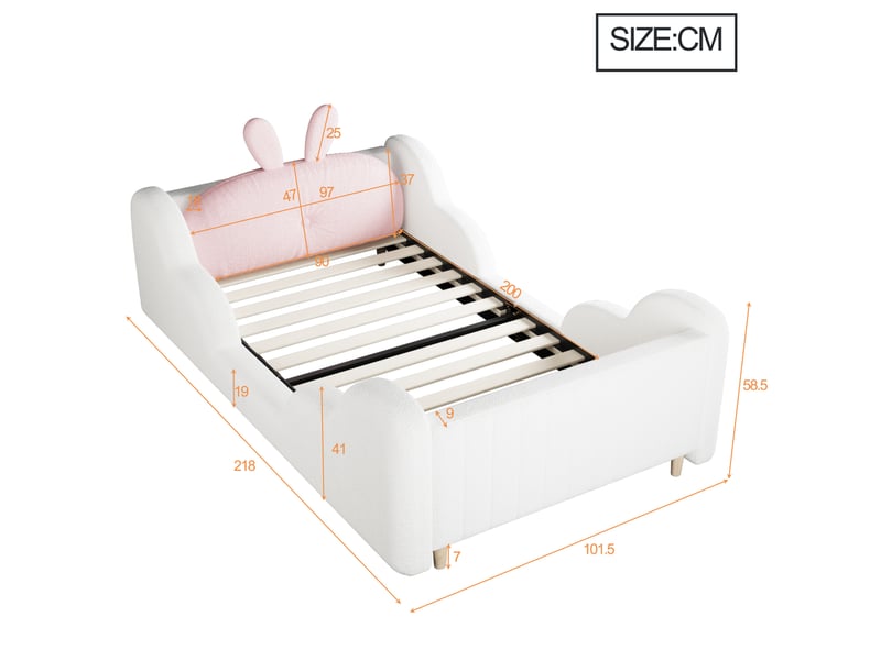 Lit enfant 90x200 cm avec coussin lapin et côtés nuage, tissu teddy blanc  - Conforama E