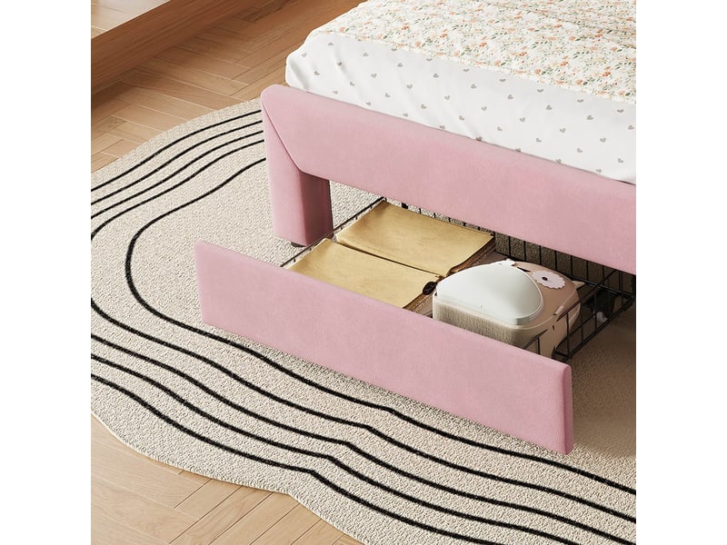  Lit enfant rembourré 90x200 cm en velours avec tiroir de rangement, tête de lit capitonnée, led contrôlée par application - rose  - Conforama E