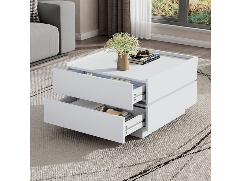  Table basse pivotante 360 avec 2 tiroirs, table basse carrée 60x60 cm en panneaux de particules, table de salon blanche  - Conforama D
