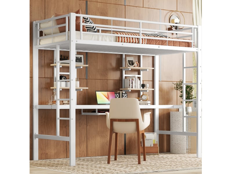  Lit mezzanine 90x200 cm, bureau 194x40 cm, 2 bibliothèques, garde-corps, métal et mdf, blanc, sans matelas  - Conforama D