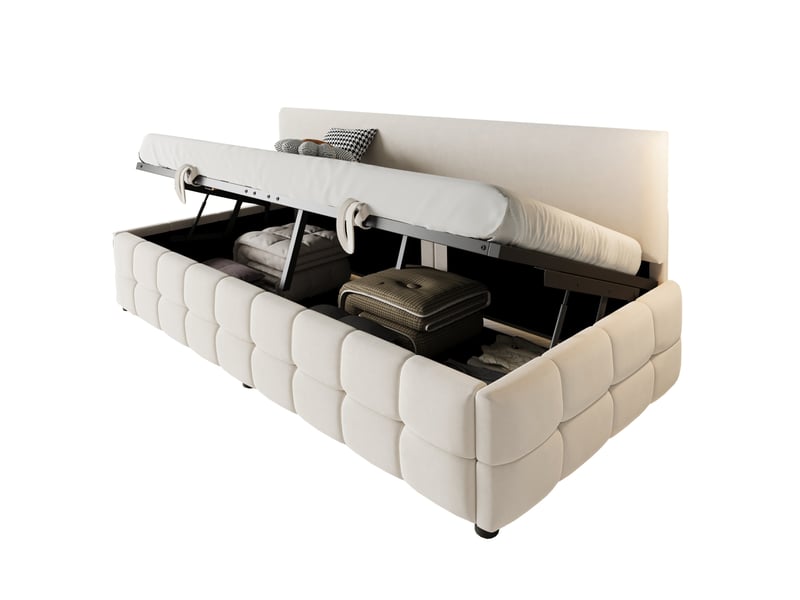  Lit enfant 90 x 200 cm style moderne rangement confort sans accoudoirs motif à carreaux velours beige avec matelas  - Conforama A